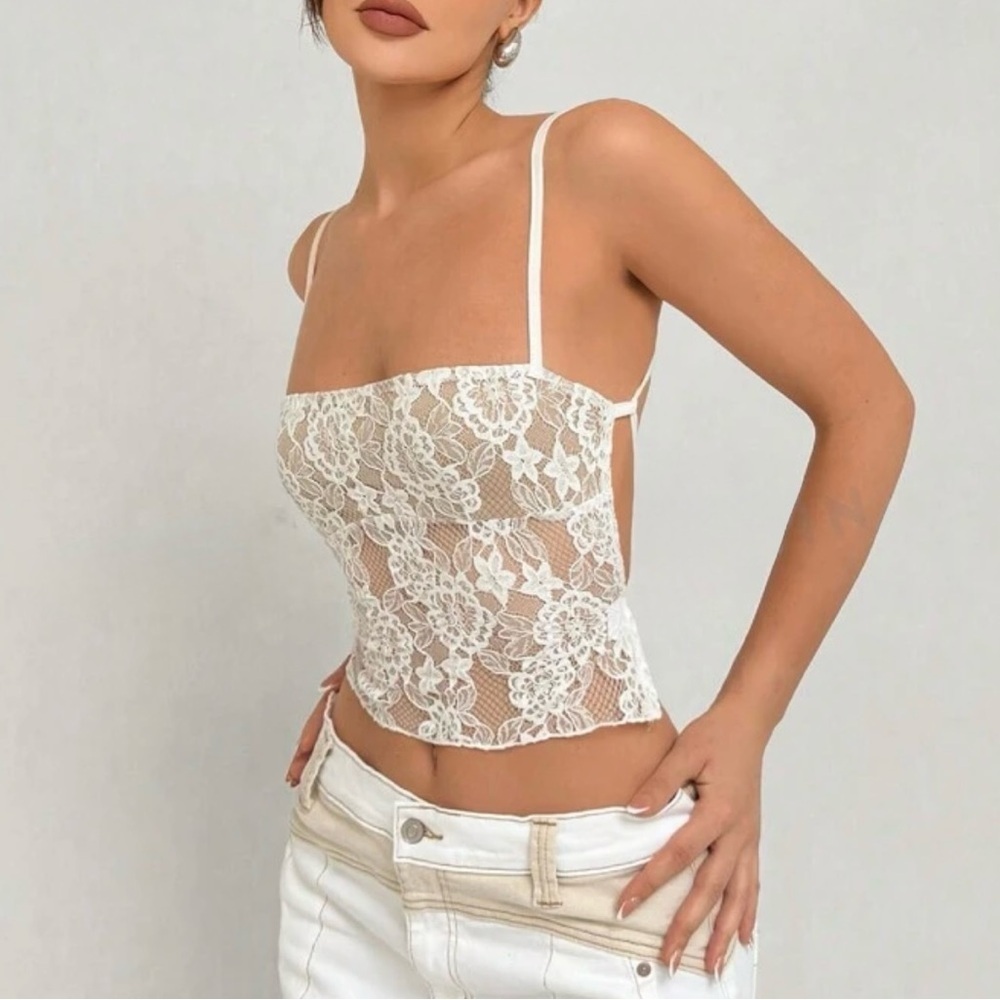 White Mesh+ Lace backless top – corset style back ties | sheer, Romantic & Sexy - Picture 5 of 6